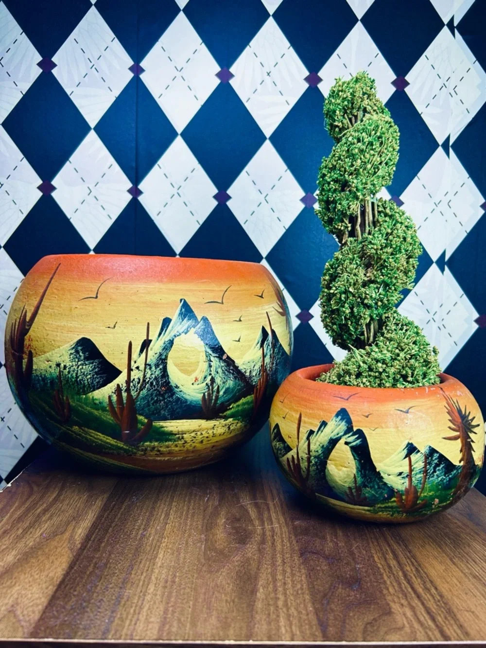 1970s Mexican Desert Landscape Planters Hand Painted Clay Pottery Southwestern - Picture 1 of 12